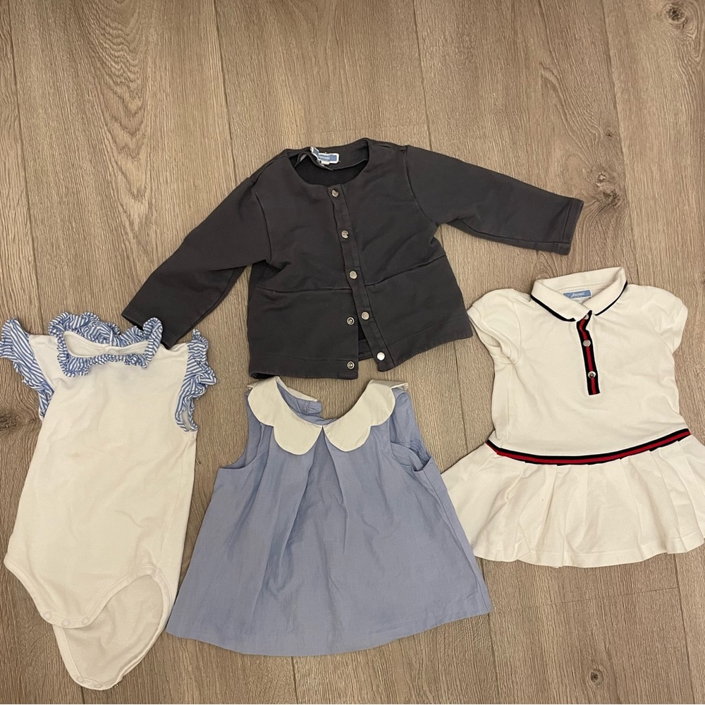 Jacadi set body suit, dress, and top 18M